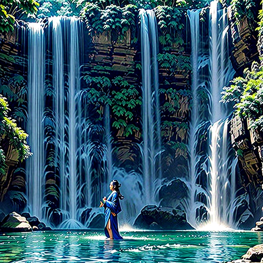 Beautiful south east asian goddess wearing blue ancient robe flying down near a waterfall