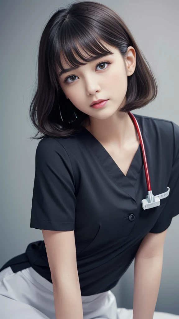 ロッカールーム,ロッカー,bending over,(Highest quality, Very detailed, masterpiece:1.2), 1 female, Very thin body, length, Thin legs, ((Black wavy short hair:1.2)), ((Thick and fluffy bangs)), Very detailedな顔,A faint smile, small, Thin Nose, small thin mouth, Extremely sharply focused eyes, Japanese, Beautiful Face, Realistic eyes, Beautiful and beautiful eyes, Realistic Skin, Beautiful Skin, charm, (Lively Faces), (Colorful-design nurse uniform), Creepy and unique hairstyles, High resolution, Vibrant color palette, , Tim Burton's signature dark shadows and strange details, Shooting from below,