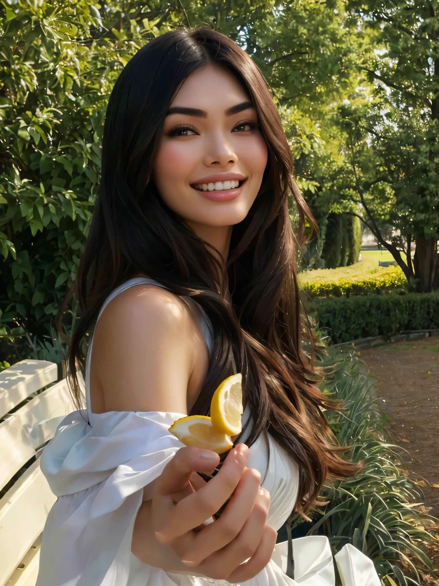 araffed woman holding a piece of fruit in her hand, beautiful and smiling, gemma chan beautiful girl, lovely smile, beautiful smile, pretty smile, charming smile, with a beautifull smile, with flowers, seductive smile, beautiful iranian woman, Madison Beer, by Megan Fox, by Madison Beer, High resolution, high Quality, 4K, Details 