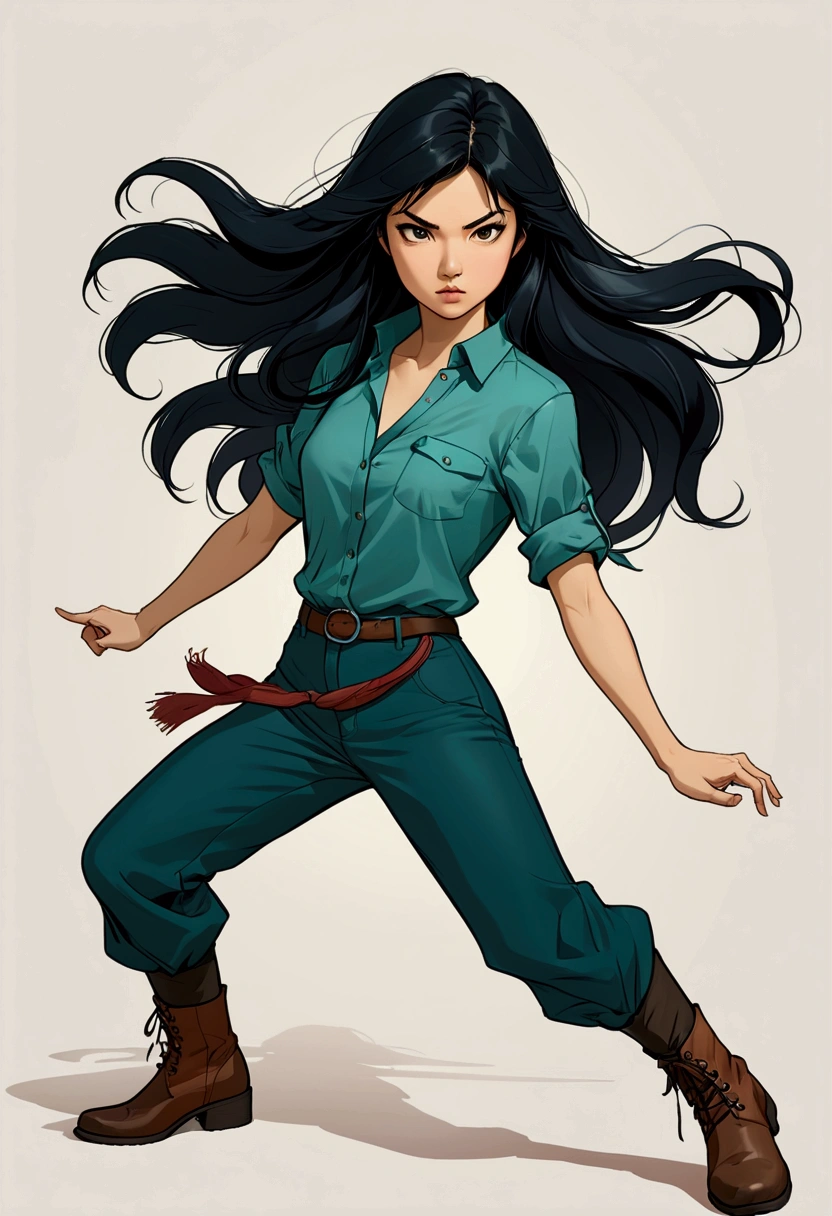 Beautiful young woman (Lin) in Sarah Kay style with long straight black hair, delicate Asian features dressed in a petrol colored shirt and dark pants, wearing boots, is in a fighting stance, illustration, realistic, anime, photography, poster, fashion, portrait photography