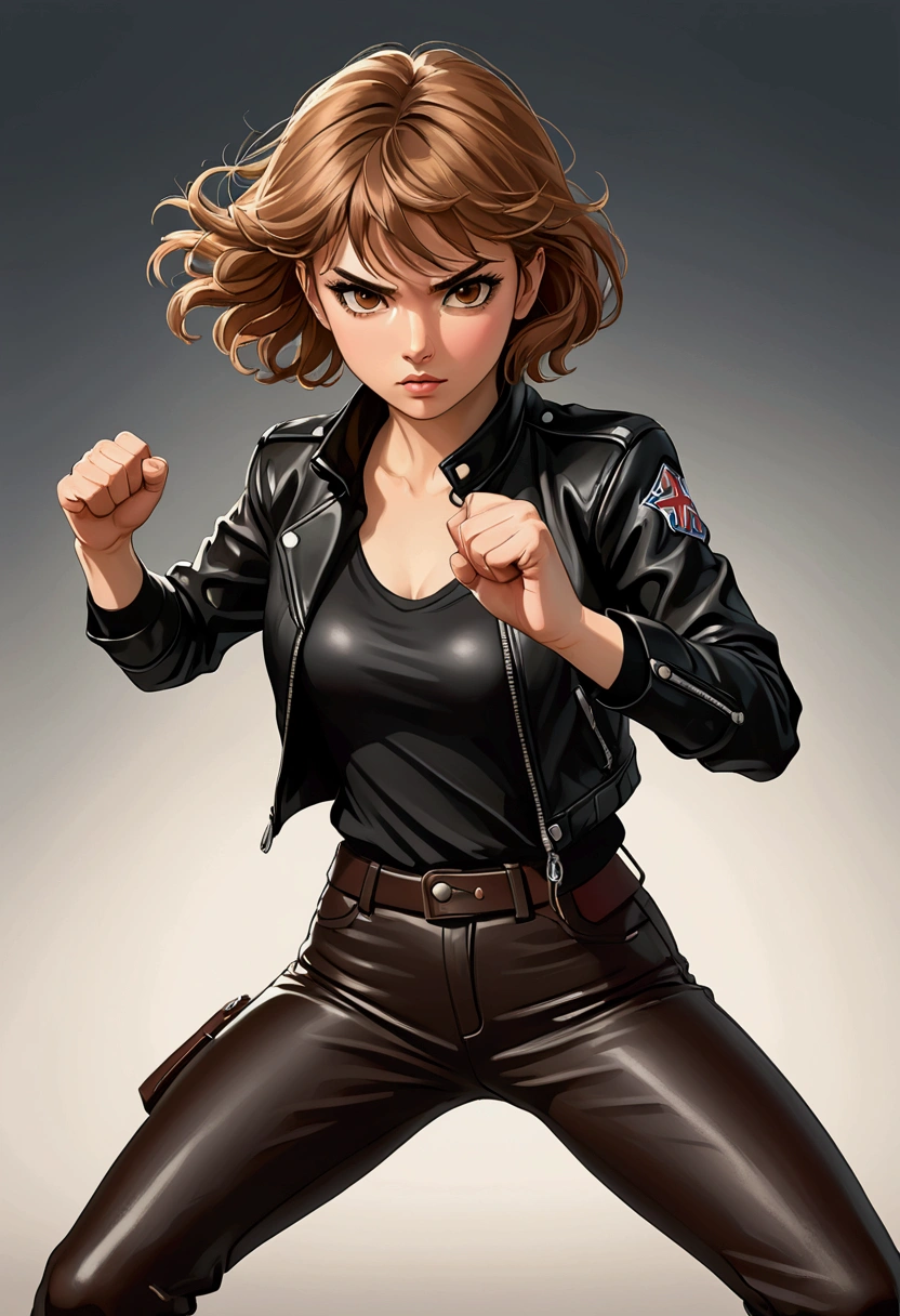 Beautiful young Sarah Kay style girl with semi-short light brown hair, delicate British features, brown eyes, dressed in black leather pants and a black shirt and a black leather jacket, in a fighting stance, illustration, realistic, anime, photography, poster, fashion, portrait photography