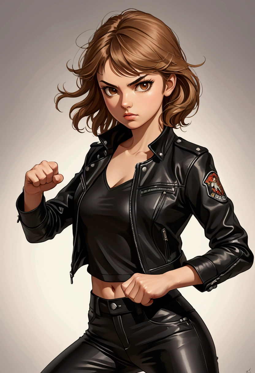 Beautiful young Sarah Kay style girl with semi-short light brown hair, delicate British features, brown eyes, dressed in black leather pants and a black shirt and a black leather jacket, in a fighting stance, illustration, realistic, anime, photography, poster, fashion, portrait photography