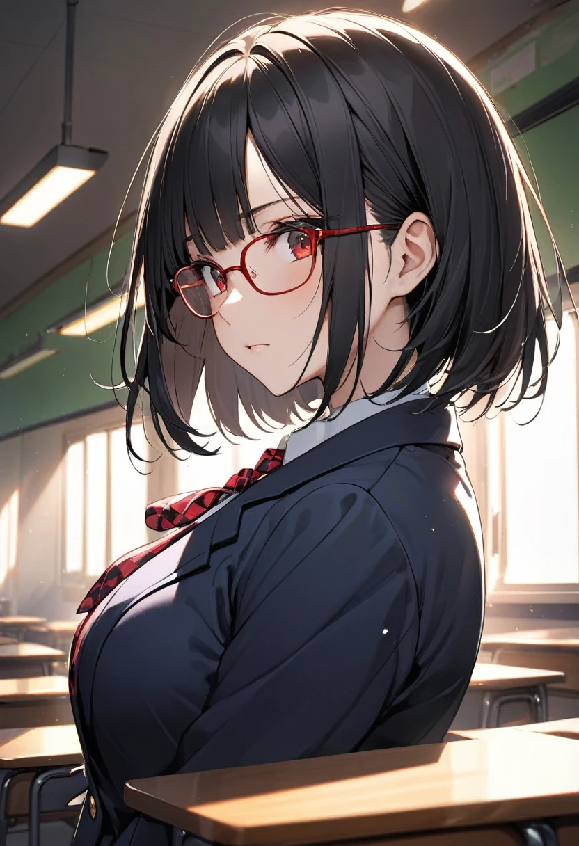 (Beautiful 18 year old Japanese woman), Cute Face, blazer,Ribbon tie,Checkered Skirt, Red glasses,(Deeply chiseled face:0.7), Soft Light,Healthy white skin, Black Hair,Bobcut, (Serious face), (Sparkling eyes), thin, Upper Body, Very large breasts,from side,classroom