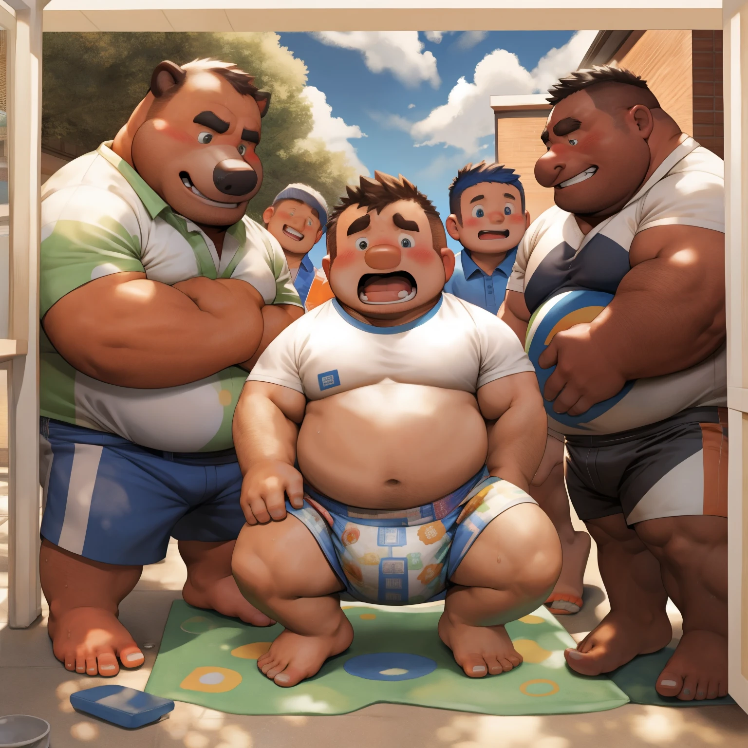 masterpiece, Top quality, in 32K, perfect anatomy, hyper detailed, super fine illustration, The thick man is a brutal retarded prisoner, hairy human, 50yo in Japan, (fatness: 1.0), Fatty muscle, Bowleg, disappointment, incontinent, shy, sissy, Weaker than children, Drool, Round face, be diaper check by children, waddle, There is a small puddle under him, incontinent, short legs, Bowleg, spread legs, wear a White cloth Diaper, Bare belly, Bare legs, Bare foots, Bare soles, Shirtless, wide forehead and short thinning hair, Man with round face with stubble, Bare foots, Bare soles, He enters nursery school and is despised by children, Entrance ceremony commemorative photo, He surrounded by children, His bottom is wet, Bare foots, big butt, he is scolded by the children, White Diaper, He surrounded by children, sobbing, wear a White cloth Diaper, shirtless, There is a small puddle under him, He enters nursery school and is despised by children, big butt, sobbing, He crawling to go to children, on all fours, side view