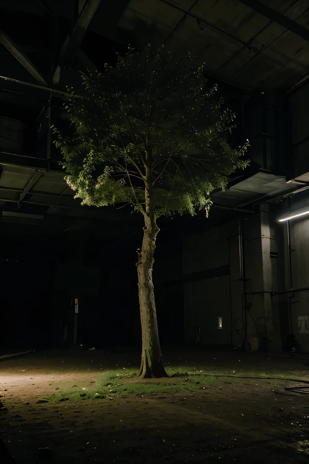 huge underground warehouse, techno raver, looking badass, no blur, 8k - night time - party time, tree growing in warehouse