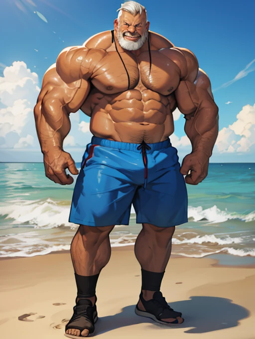 beach, extremely huge muscular, massive muscular, full-body , (topless, shirtless, shorts), well-muscled old man. ((extremely muscle size, super thick arms, huge pec, extremely wide pectoral , huge arms)), wide smiling. Add textures and details to make the image more realistic, such as the appearance of the. Make sure the resulting image is high resolution, 8K quality