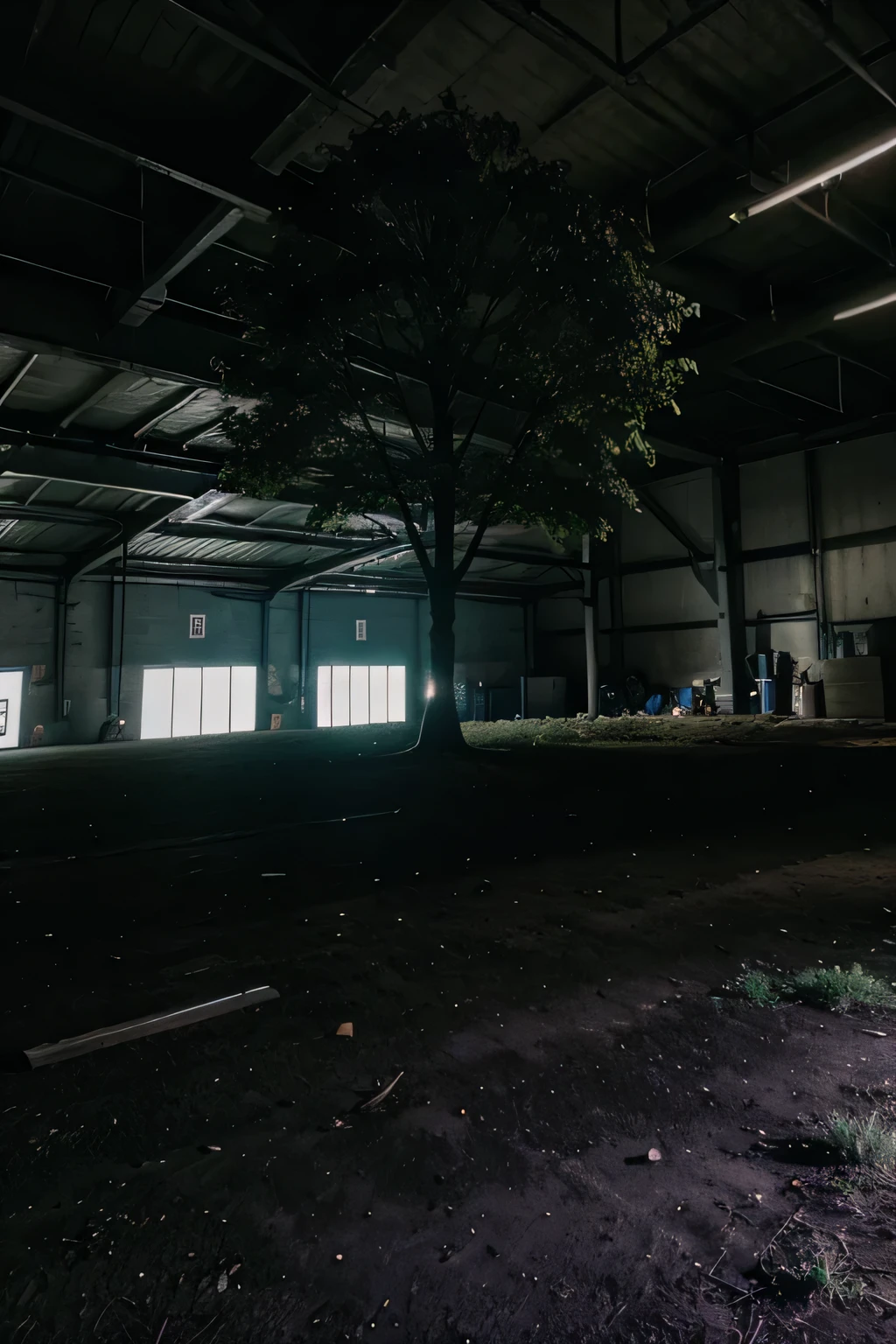huge underground warehouse, techno raver, looking badass, no blur, 8k - night time - party time, tree growing in warehouse