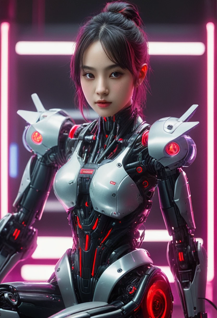 xxmixgirl. Highly detailed professional 35mm film, bokeh, face in sharp focus. A robotic female, Miku, with ((metal skin)), ((perfect Asian eyes)) with magenta irises and ((black pupils)), beautiful serious (detailed face), 18 year old ((photorealistic face)), very long magenta twin tails of magenta hair, twin black hair ties with a single red stripe. She may have a black audio headpiece. We can see her ((full body)) down to her boot soles. Her outfit is a sleeveless collared light grey shirt, outlined in red around the frilled collar and hems. Shiny reflective ((metallic breast cups, dimpleless)), invisible nipples. She wears black sleeves with red hems that start around her upper arm and bellow out as the sleeves open and extend to her wrists, with wide trumpet red rimmed cuffs. She has perfect robotic (detailed hands). She wears a red colored tie with two horizontal solid parallel black lines halfway across. She wears a fabric black skirt with a horizontal red hem at the bottom all the way around; her (((black skirt wraps around her))) and ((her skirt completely covers)) her robotic waist and thighs. Tall black boots with red bottom soles, a red rim around the top at her thighs. Her mechanical shoulder joints are visible. We can see her robotic legs and robotic neck. Half of her is covered with shiny polished machinery. The background is a distant dark neon futuristic Japanese city, gold, cyan, violet neon, near harbor or mountains.