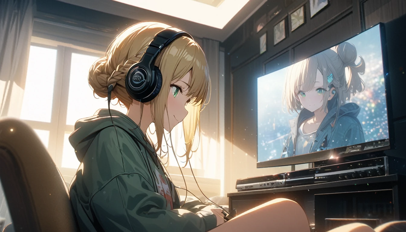 one girl, blonde short hair and bob hair、a braid, I tied my hair in a bun with a hair clip..、smile、beautiful green eyes, gentle smile on her face、flat chest, one Beautiful girl,((masterpiece, illustration, best quality) ((ultra-detailed)), sitting, listening to music, One woman, wearing headphones, wearing a hoodie in living room, 濃い青とBeautiful Blueのグラデーション, High resolution, 8K HD detail, hyper-detail, cinematic, surrealism, soft light, deep field focus bokeh, ray tracing and surrealism. --v6