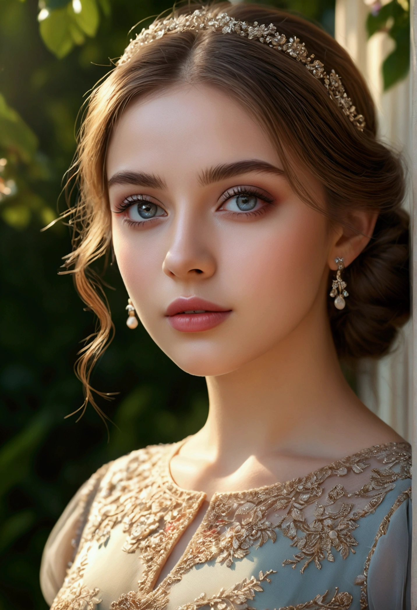 A girl facing camera, beautiful detailed eyes, beautiful detailed lips, extremely detailed face, long eyelashes, elegant pose, beautiful dress, sunlit garden background, (best quality,4k,8k,highres,masterpiece:1.2),ultra-detailed,(realistic,photorealistic,photo-realistic:1.37),vibrant colors, warm lighting, intricate details, cinematic composition, portrait
