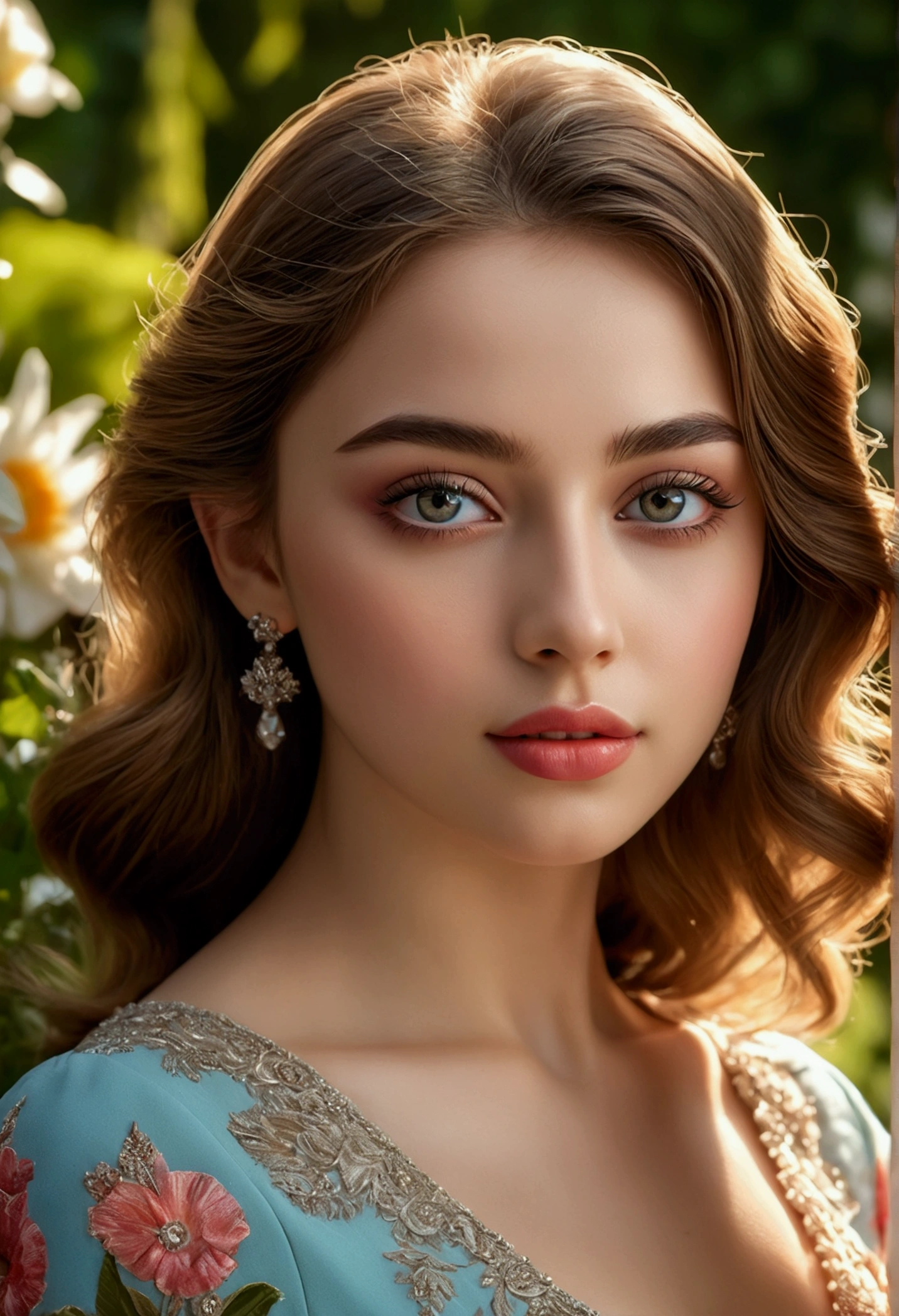 A girl facing camera, beautiful detailed eyes, beautiful detailed lips, extremely detailed face, long eyelashes, elegant pose, beautiful dress, sunlit garden background, (best quality,4k,8k,highres,masterpiece:1.2),ultra-detailed,(realistic,photorealistic,photo-realistic:1.37),vibrant colors, warm lighting, intricate details, cinematic composition, portrait