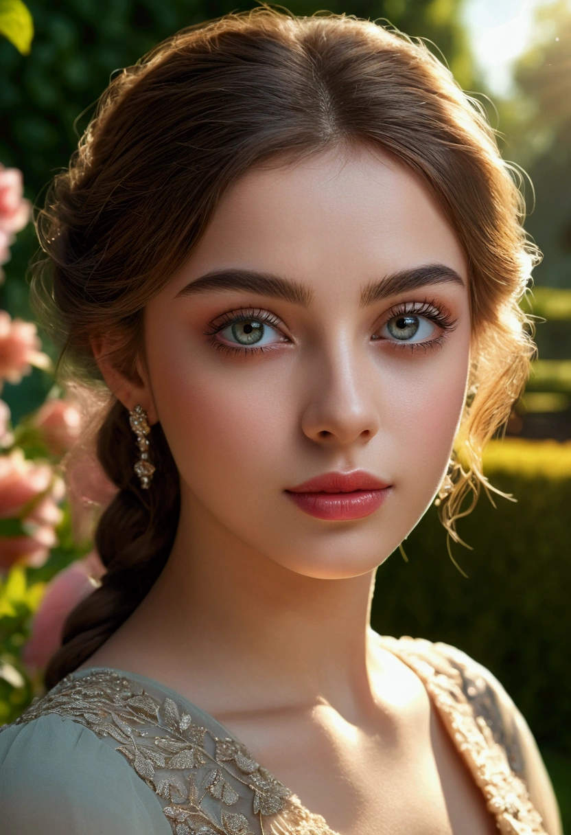 A girl facing camera, beautiful detailed eyes, beautiful detailed lips, extremely detailed face, long eyelashes, elegant pose, beautiful dress, sunlit garden background, (best quality,4k,8k,highres,masterpiece:1.2),ultra-detailed,(realistic,photorealistic,photo-realistic:1.37),vibrant colors, warm lighting, intricate details, cinematic composition, portrait