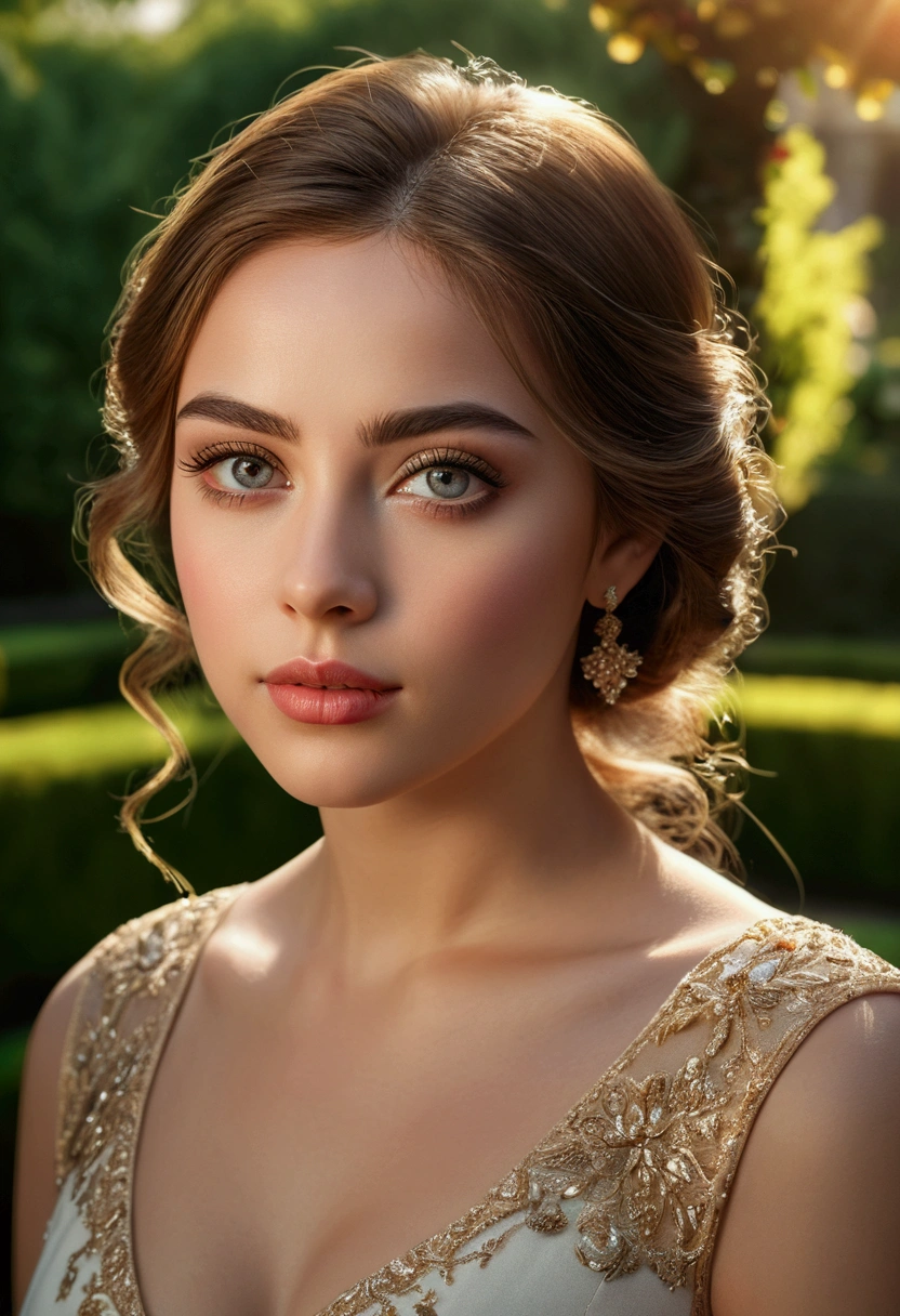 A girl facing camera, beautiful detailed eyes, beautiful detailed lips, extremely detailed face, long eyelashes, elegant pose, beautiful dress, sunlit garden background, (best quality,4k,8k,highres,masterpiece:1.2),ultra-detailed,(realistic,photorealistic,photo-realistic:1.37),vibrant colors, warm lighting, intricate details, cinematic composition, portrait