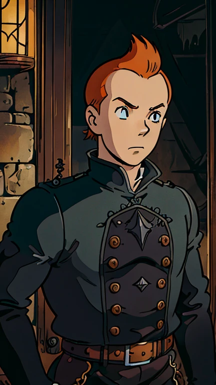 (s:1male: Tintin), (extremely detailed CG unit 8k wallpaper),(master part), (best quality), (ultra detail), (best illustration),(gothicpunkai), cowboy shot, (Sharp eyeliner, ombre, detailed eyes:1), dark gothicpunk indoors background, ,break , (ghibli style), upper body, very short hair,orange hair