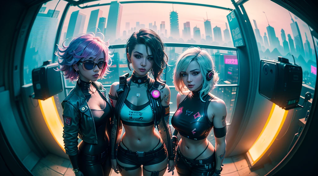 (3 cyberpunk girls wearing colorful Harajuku style pop outfit)), ((((fisheye lens)))), cowboy shot, wind, messy hair, ((cyberpunk 2077 cityscape)), (cyberpunk aesthetics and atmosphere:1.8), bright colors, smiling, ((cinematic lighting))