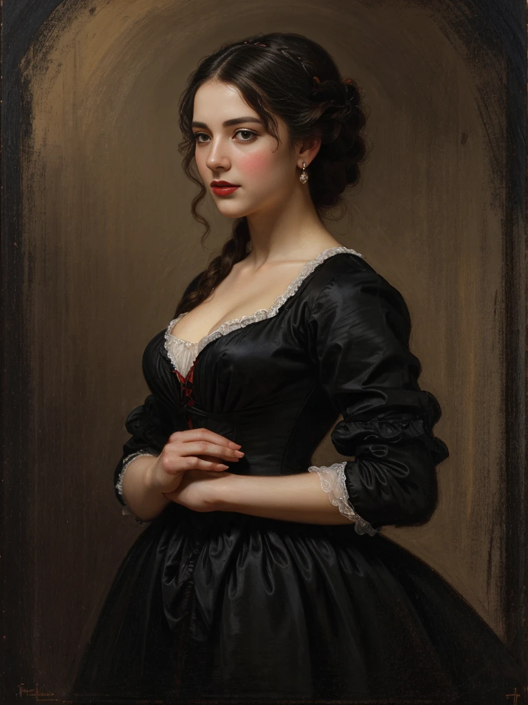 A picture of a woman wearing a black dress and red lipstick, Works inspired by Friedrich von Amerling, Inspired by Thomas Lawrence, Inspired by Franz Xaver Winterhalter, Nick Alm, oil painting style, realistic woman oil painting, elegant portrait, beautiful portrait of a woman, Inspired by Casey Baugh, elegant digital paintings, Inspired by Howard Chandler Christie, cool beauty, perfect tall model body, best quality, perfect angle, perfect composition, best shot, official art, cinematic light, supreme work of art