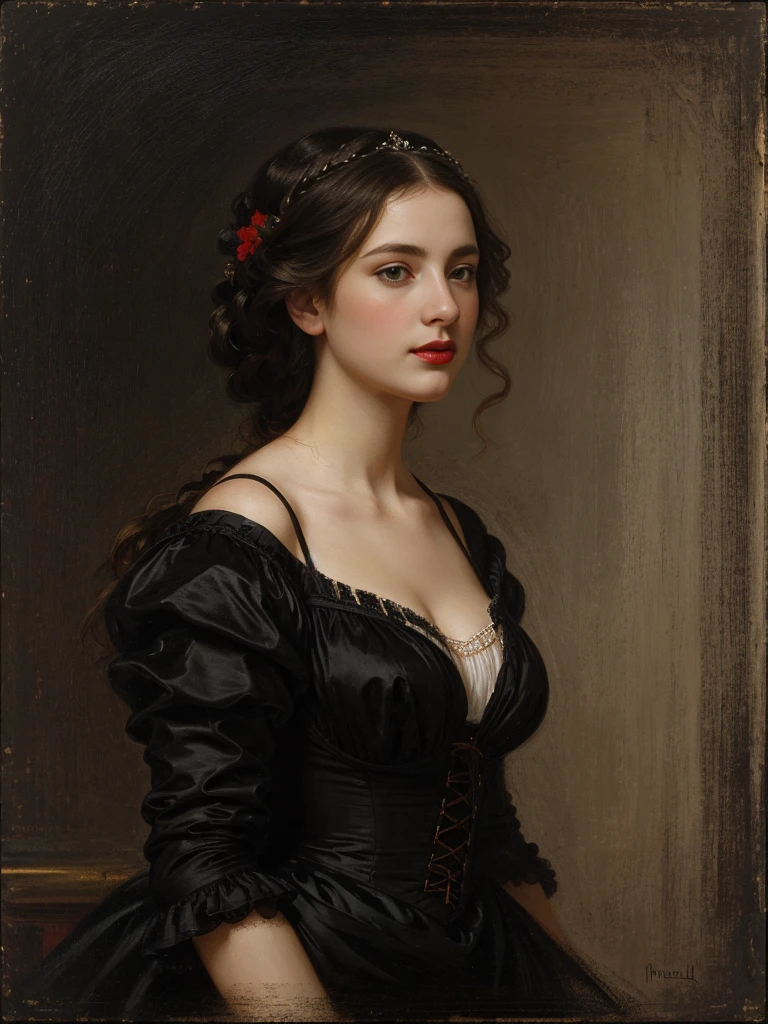 A picture of a woman wearing a black dress and red lipstick, Works inspired by Friedrich von Amerling, Inspired by Thomas Lawrence, Inspired by Franz Xaver Winterhalter, Nick Alm, oil painting style, realistic woman oil painting, elegant portrait, beautiful portrait of a woman, Inspired by Casey Baugh, elegant digital paintings, Inspired by Howard Chandler Christie, cool beauty, perfect tall model body, best quality, perfect angle, perfect composition, best shot, official art, cinematic light, supreme work of art