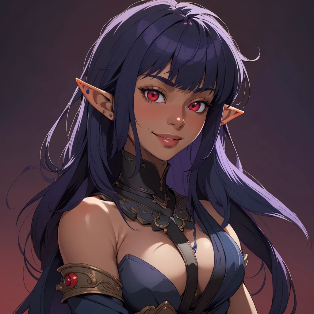 (masterpiece), (best quality),(portrait),(bust up),1girl,solo,(sharp focus),(look at viewer),elf, black skin,dark blue purple hair,(elf girl) ,red eyes, (ancient girl:1),ancient luxurious long clothes,old school fantasy art,((simple background)),naughty smile,bangs,shaggy cut,arshes_nei