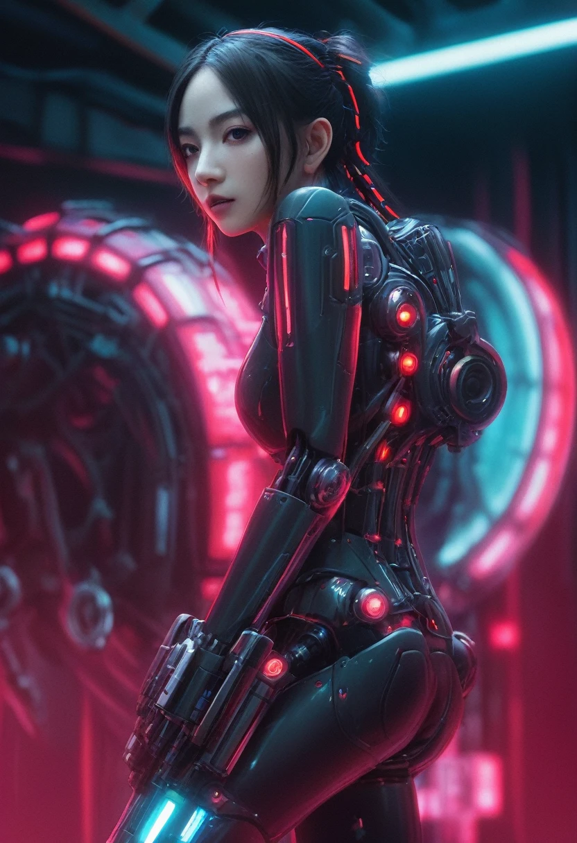 xxmixgirl. Highly detailed professional 35mm film, bokeh, face in sharp focus. A robotic female, Miku, with ((metal skin)), ((perfect Asian eyes)) with magenta irises and ((black pupils)), beautiful serious (detailed face), 18 year old ((photorealistic face)), very long magenta twin tails of magenta hair, twin black hair ties with a single red stripe. She may have a black audio headpiece. We can see her ((full body)) down to her boot soles. Her outfit is a sleeveless collared light grey shirt, outlined in red around the frilled collar and hems. Shiny reflective ((metallic breast cups, dimpleless)), invisible nipples. She wears black sleeves with red hems that start around her upper arm and bellow out as the sleeves open and extend to her wrists, with wide trumpet red rimmed cuffs. She has perfect robotic (detailed hands). She wears a red colored tie with two horizontal solid parallel black lines halfway across. She wears a fabric black skirt with a horizontal red hem at the bottom all the way around; her (((black skirt wraps around her))) and ((her skirt completely covers)) her robotic waist and thighs. Tall black boots with red bottom soles, a red rim around the top at her thighs. Her mechanical shoulder joints are visible. We can see her robotic legs and robotic neck. Half of her is covered with shiny polished machinery. The background is a distant dark neon futuristic Japanese city, gold, cyan, violet neon, near harbor or mountains.