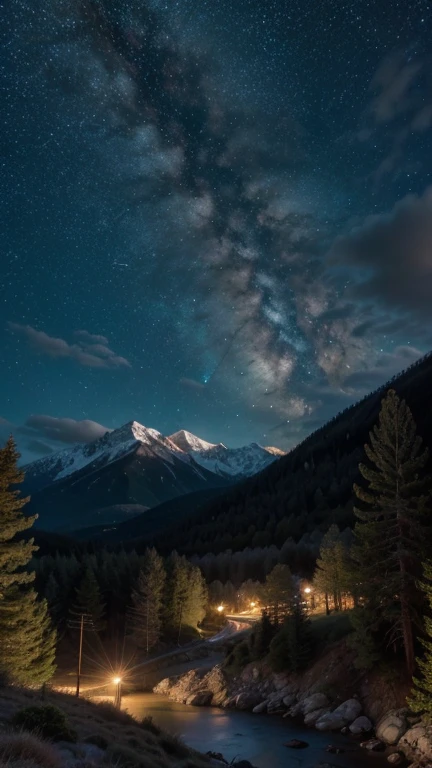 landscape with mountains, arroyo, pine trees and clouds at night with stars