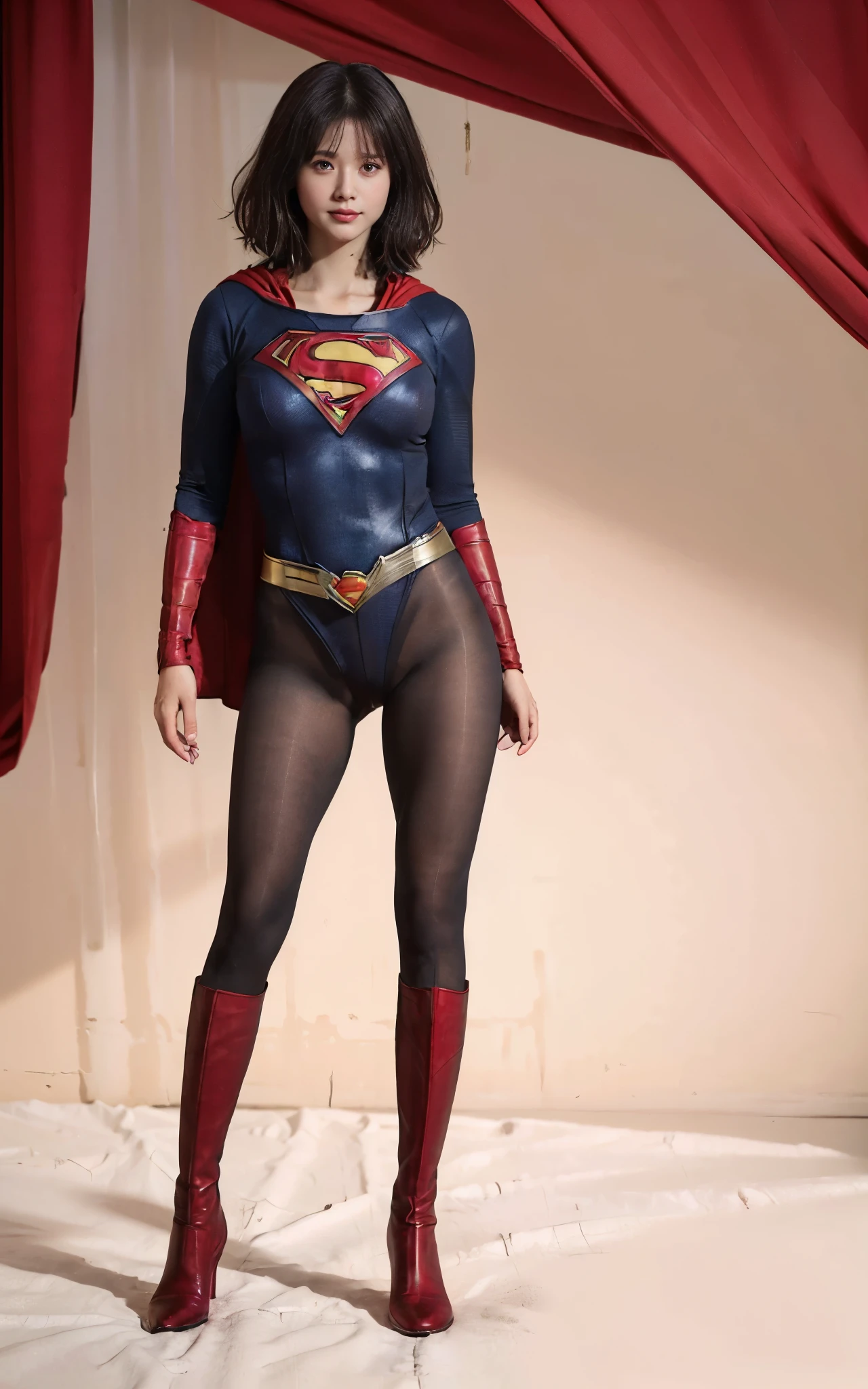 No background、She always has her mouth open、She always has a sad look on her face、Always close your eyes、(((Beautiful legs in black tights.)))、(((Stretch your legs、expensive、Showing a beautiful smile)))、((((Make the most of your original images)))、(((Supergirl Costume)))、(((Beautiful Short Hair)))、(((Suffering face)))、(((Black tights legs、Wear red boots)))、((Best image quality、8k))、((Highest quality、8k、masterpiece:1.3))、(((Preserve background )))、Sharp focus:1.2、Beautiful woman with perfect figure:1.4、Slim Abs:1.2、Wet body:1.5、Highly detailed face and skin texture、8k