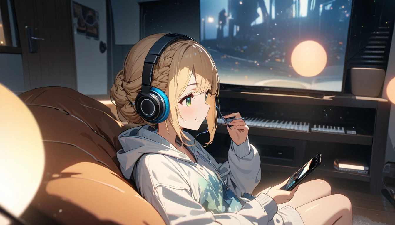 one girl, blonde short hair and bob hair、a braid, I tied my hair in a bun with a hair clip..、smile、beautiful green eyes, gentle smile on her face、flat chest, one Beautiful girl,((masterpiece, illustration, best quality) ((ultra-detailed)), sitting, listening to music, One woman, wearing headphones, wearing a hoodie in living room, 濃い青とBeautiful Blueのグラデーション, High resolution, 8K HD detail, hyper-detail, cinematic, surrealism, soft light, deep field focus bokeh, ray tracing and surrealism. --v6