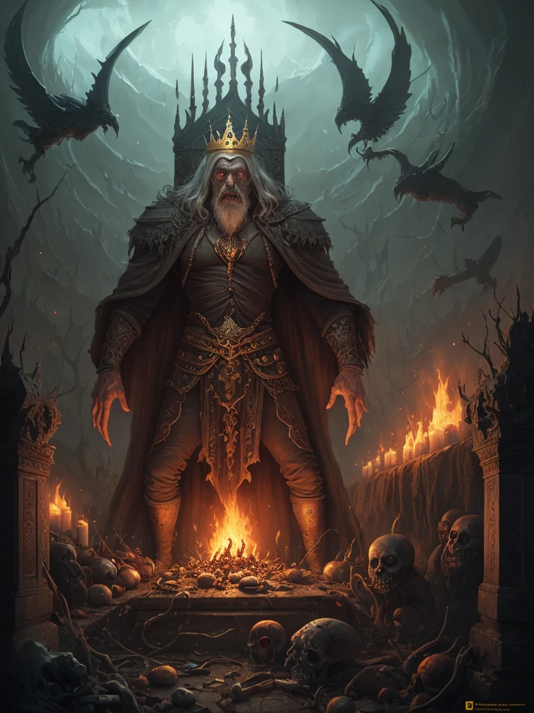 an evil old necromancer that looks like a dry corpse with a golden crown on his head, long gray hair and, he has fearful look, holds long sword, fantasy art, concept art, johan grenier, trending on artstation, national geographic photo, peter mohrbacher, astral, aurora, detailed, ominous, photorealistic, mark brooks, hyperrealistic, seb mckinnon, horror style, mythological