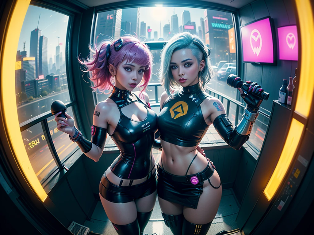 ((2 cyberpunk girls wearing colorful Harajuku style pop outfit)), ((((fisheye lens)))), cowboy shot, wind, messy hair, ((cyberpunk 2077 cityscape)), (cyberpunk aesthetics and atmosphere:1.3), bright colors, smiling, ((cinematic lighting))
