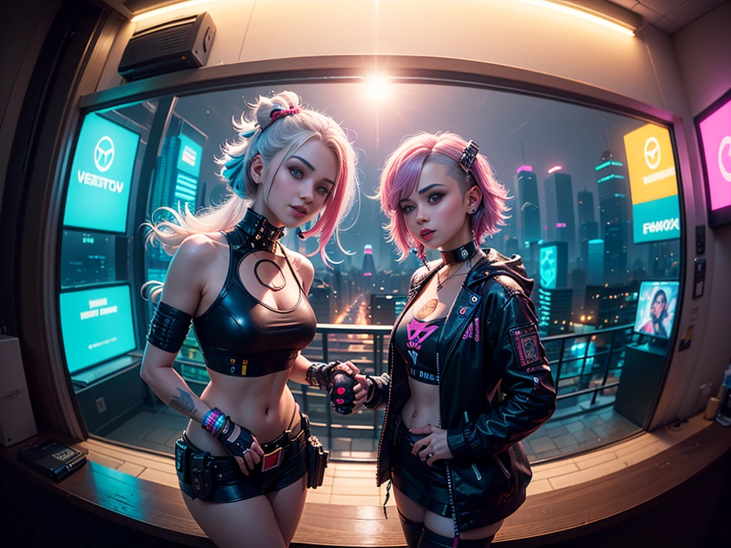((2 cyberpunk girls wearing colorful Harajuku style pop outfit)), ((((fisheye lens)))), cowboy shot, wind, messy hair, ((cyberpunk 2077 cityscape)), (cyberpunk aesthetics and atmosphere:1.3), bright colors, smiling, ((cinematic lighting))