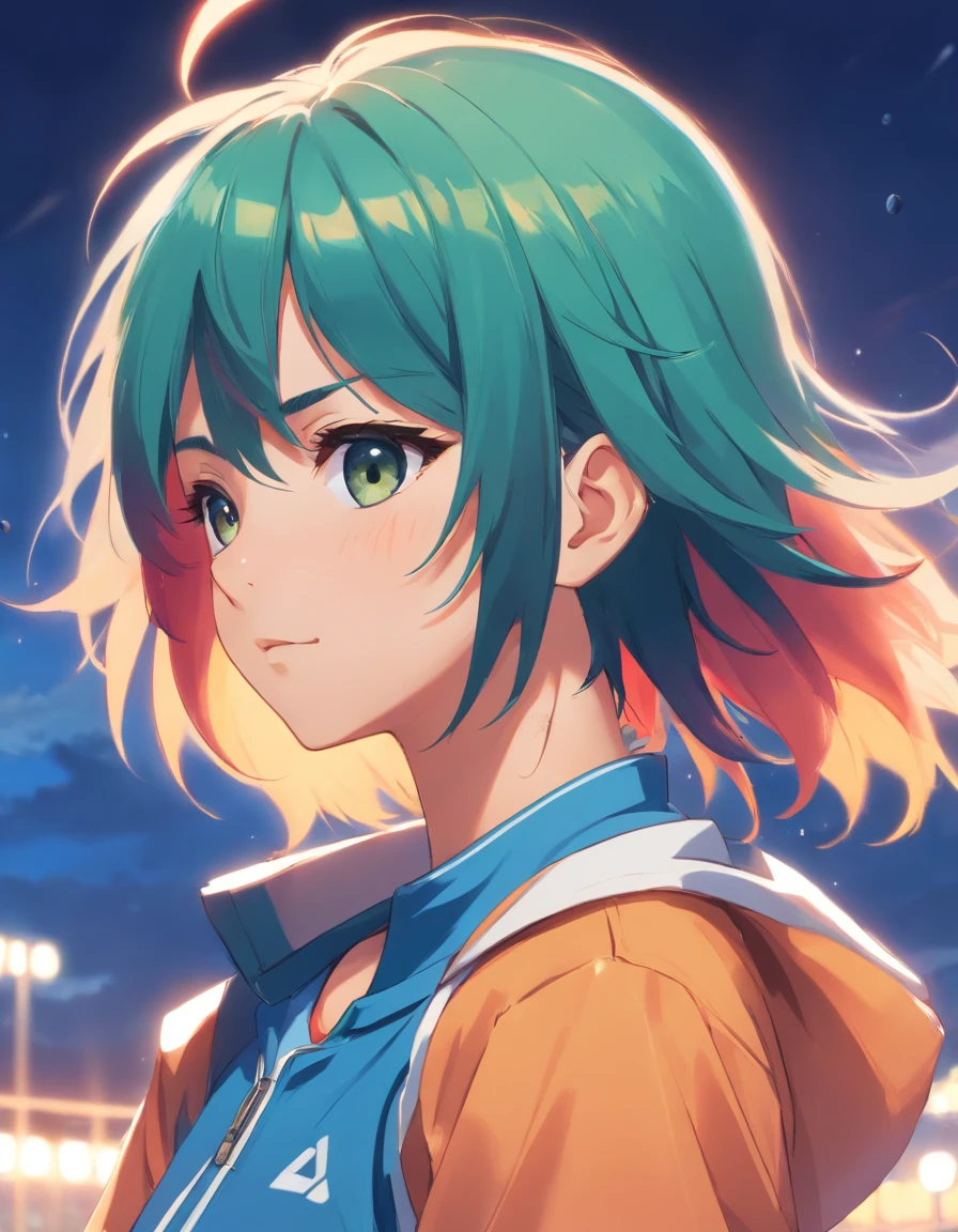 1girl, female focus, multicolored hair, one eye closed, sweat drops, two-tone hair, spiked hair, sports uniform