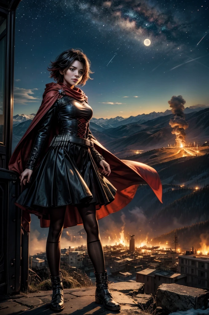 (masterpiece, best quality:1.2), cowboy shot, solo, 1girl, ruby rose, grin, looking at viewer, arms behind back, black dress, long sleeves, red cape, pantyhose, standing with crowd in city ruins on hill, overlooking valley, (crowd in military uniforms) BREAK night, stars, moon, snow, BREAK mountains in background, waterfall, vehicle wreck, , (crowd in military uniform), bonfires, post-apocalypse, dystopian future