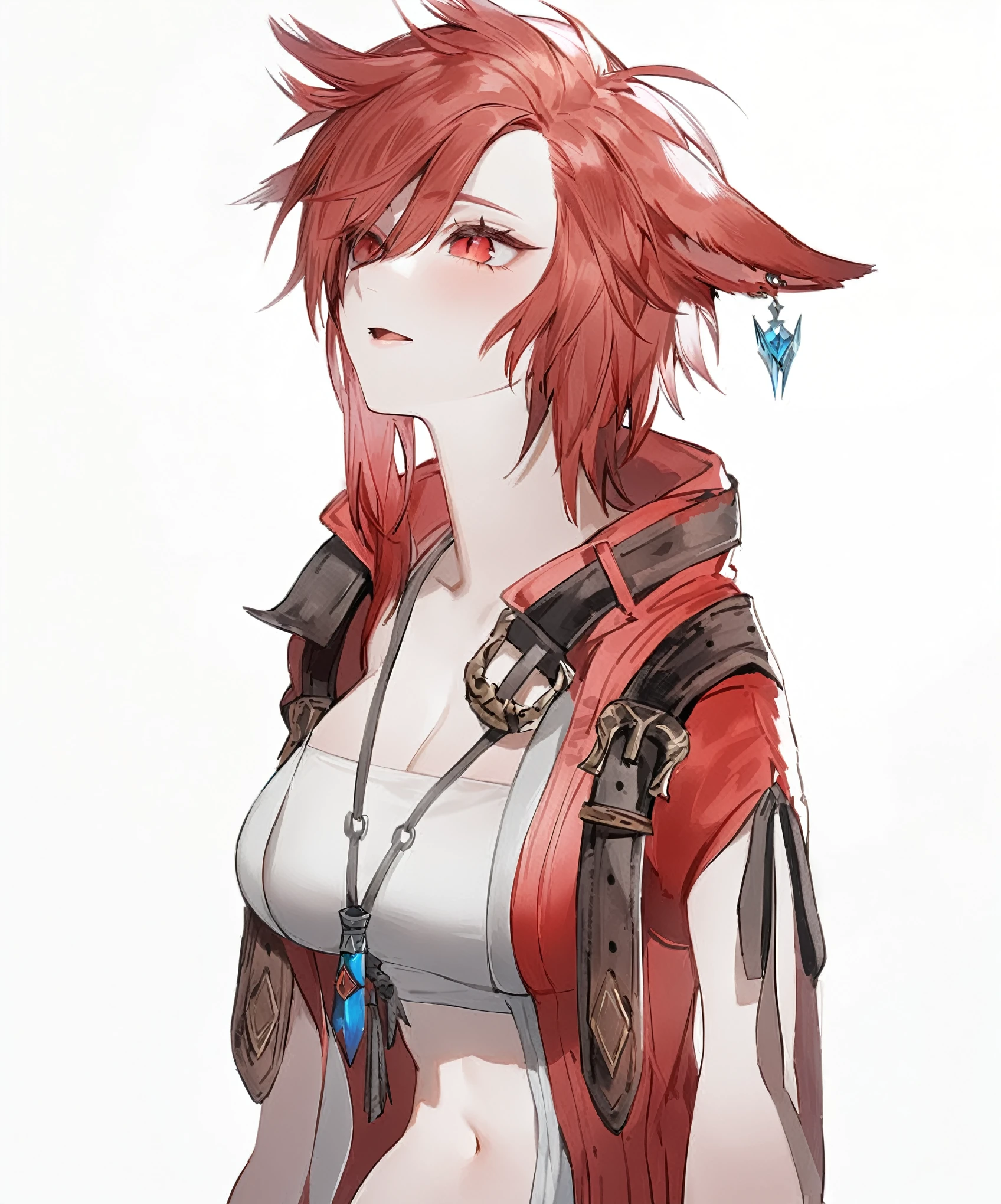 1girl,pov,all force,Cat ear,Slit pupil,masterpiece,best quality, very aesthetic,absurdres,highlight,center frills,cat ear,medium shot,looking at viewer,,front view,(looking up),Parted lips, (from above),Dutch angle,straight-on, final fantasy 
final fantasy xiv,
character request,
animal ears ,
ear piercing, 
highres,
jacket ,
jewelry, 
miqo'te, 
navel,
open clothes, 
open jacket,
open mouth, 
pendant,
piercing,
red eyes, 
red jacket, 
redhead,
short hair, 
simple background, 
solo,
strapless, 
ti ki,
tubetop,
upper body, 
white tubetop,