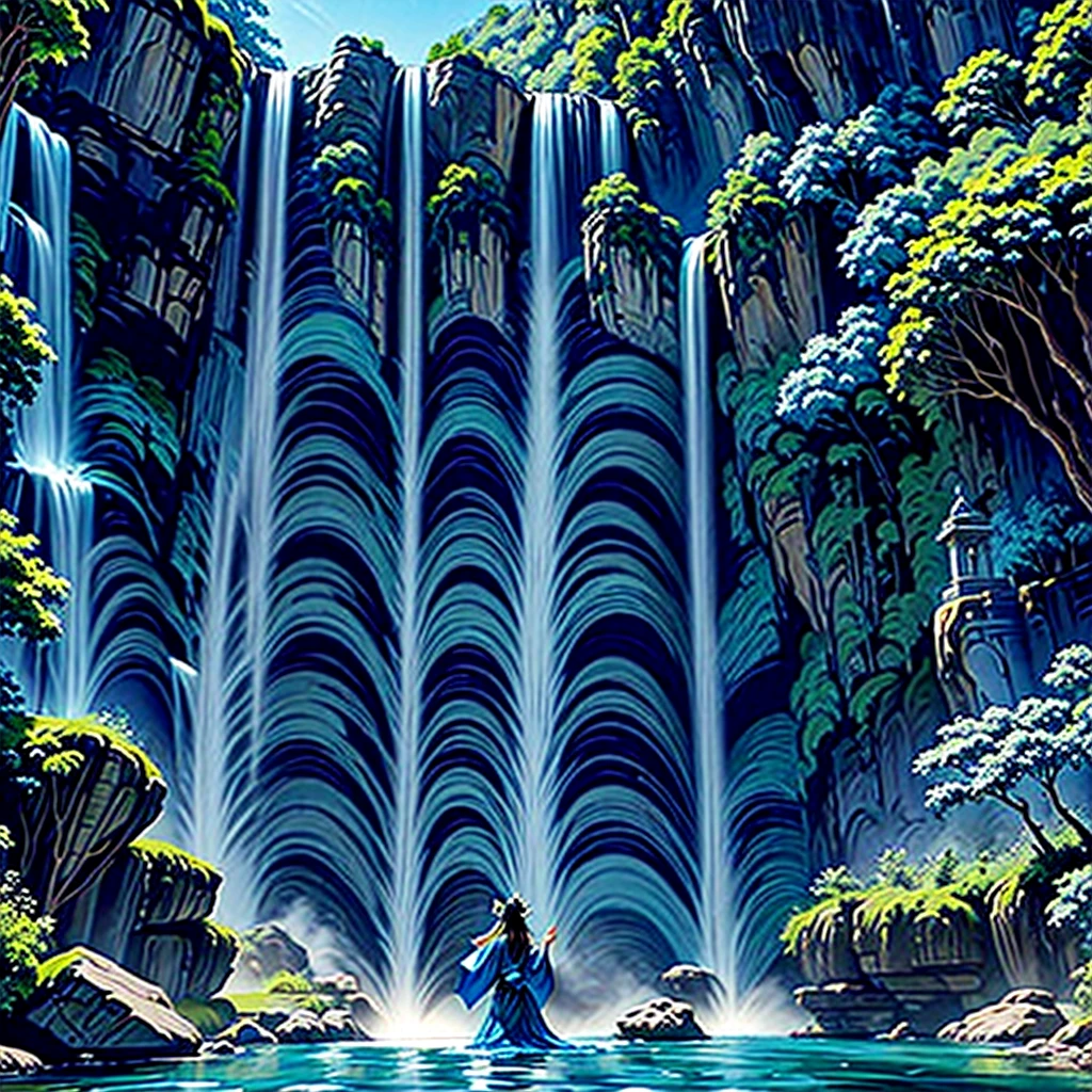 Beautiful south east asian goddess wearing blue ancient robe flying down near a waterfall