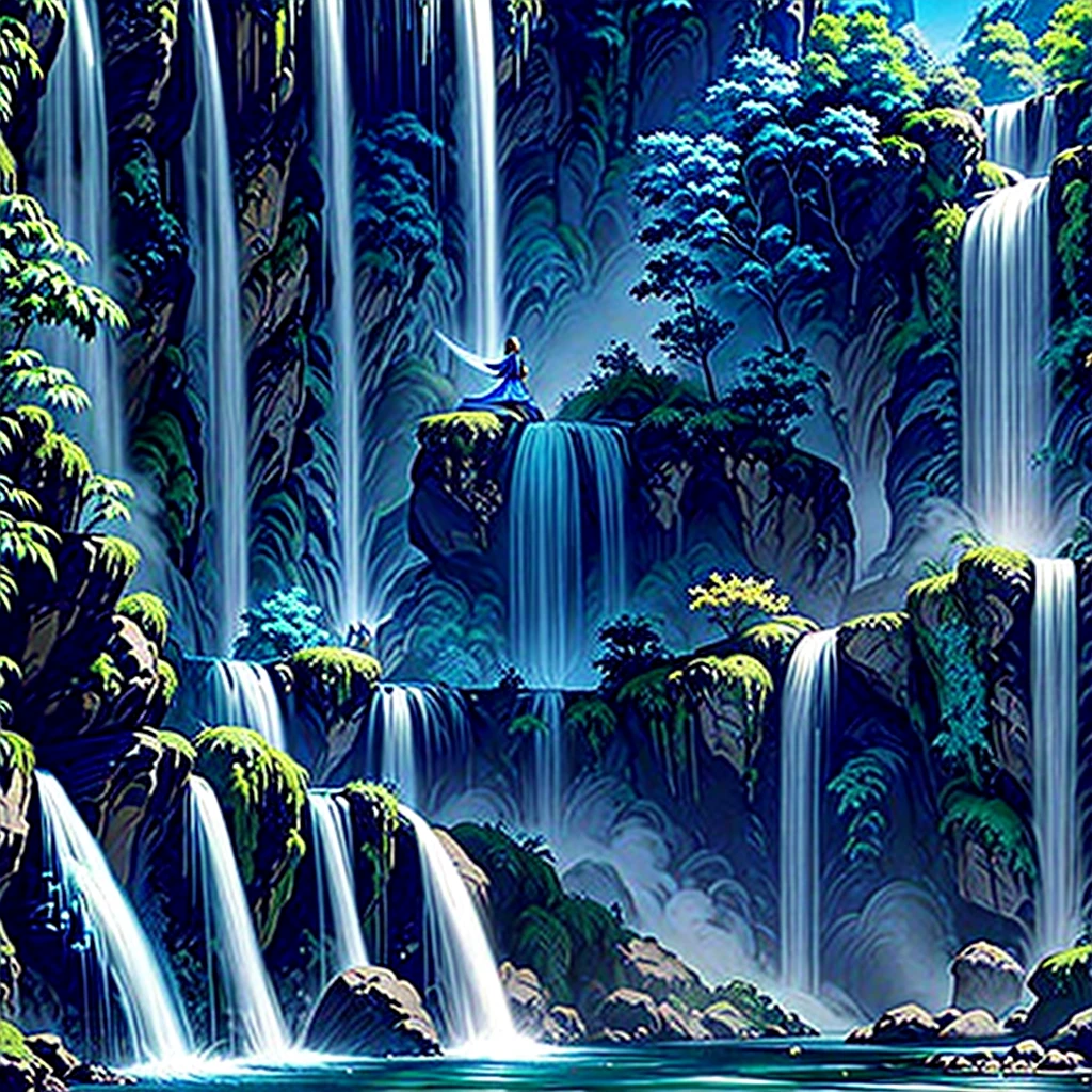 Beautiful south east asian goddess wearing blue ancient robe flying down near a waterfall