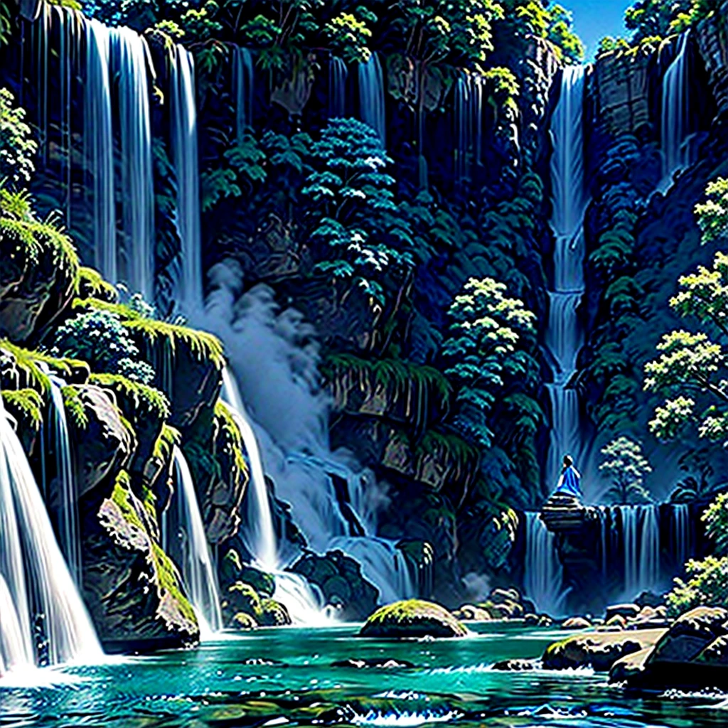 Beautiful south east asian goddess wearing blue ancient robe flying down near a waterfall