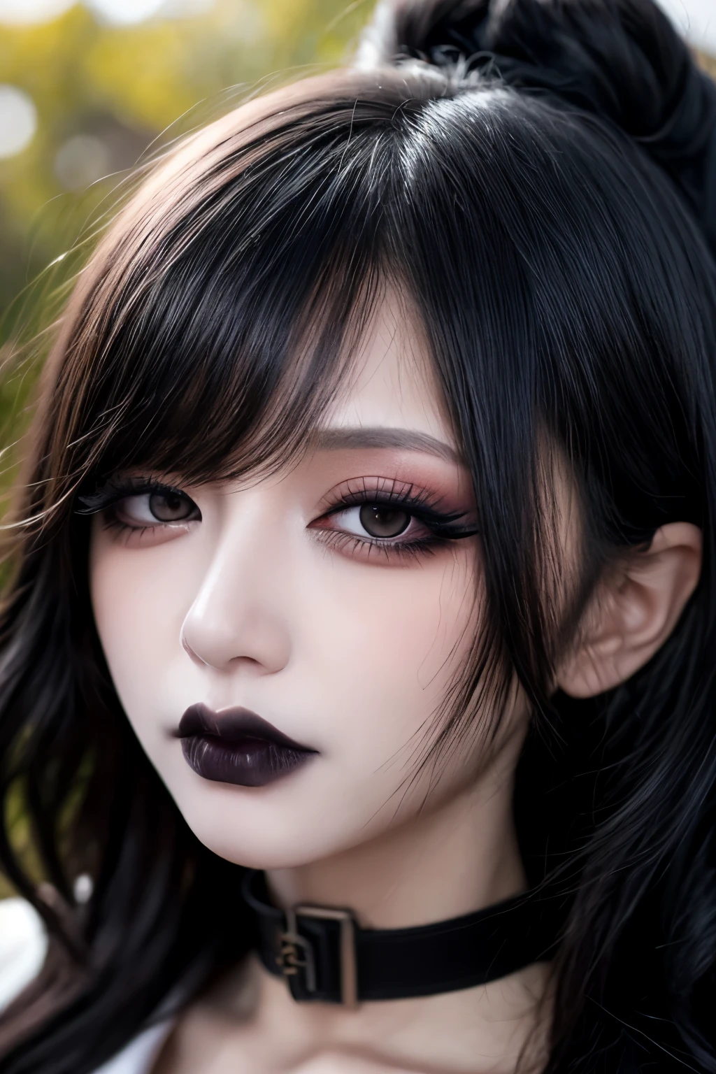 (masterpiece, best quality, ultra detailed), woman, solo, looking at viewer, close-up, hypnoLora, empty eyes, black hair, white jacket, outdoors, goth, pale skin, mascara, black eyes, eyeliner, breasts, black lips, black lipstick, smoky eyes, eye shadow, collar