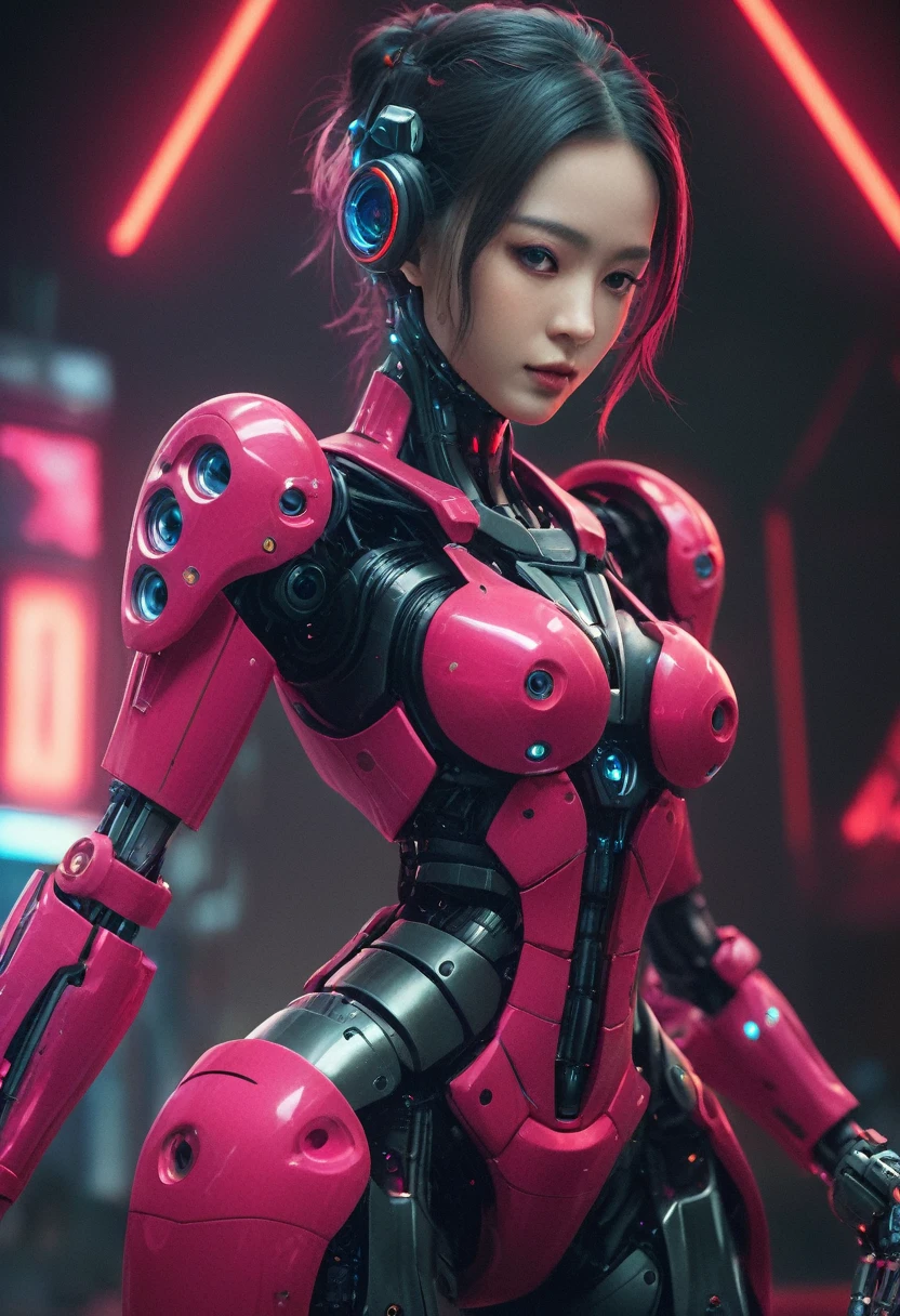 xxmixgirl. Highly detailed professional 35mm film, bokeh, face in sharp focus. A robotic female, Miku, with ((metal skin)), ((perfect Asian eyes)) with magenta irises and ((black pupils)), beautiful serious (detailed face), 18 year old ((photorealistic face)), very long magenta twin tails of magenta hair, twin black hair ties with a single red stripe. She may have a black audio headpiece. We can see her ((full body)) down to her boot soles. Her outfit is a sleeveless collared light grey shirt, outlined in red around the frilled collar and hems. Shiny reflective ((metallic breast cups, dimpleless)), invisible nipples. She wears black sleeves with red hems that start around her upper arm and bellow out as the sleeves open and extend to her wrists, with wide trumpet red rimmed cuffs. She has perfect robotic (detailed hands). She wears a red colored tie with two horizontal solid parallel black lines halfway across. She wears a fabric black skirt with a horizontal red hem at the bottom all the way around; her (((black skirt wraps around her))) and ((her skirt completely covers)) her robotic waist and thighs. Tall black boots with red bottom soles, a red rim around the top at her thighs. Her mechanical shoulder joints are visible. We can see her robotic legs and robotic neck. Half of her is covered with shiny polished machinery. The background is a distant dark neon futuristic Japanese city, gold, cyan, violet neon, near harbor or mountains.