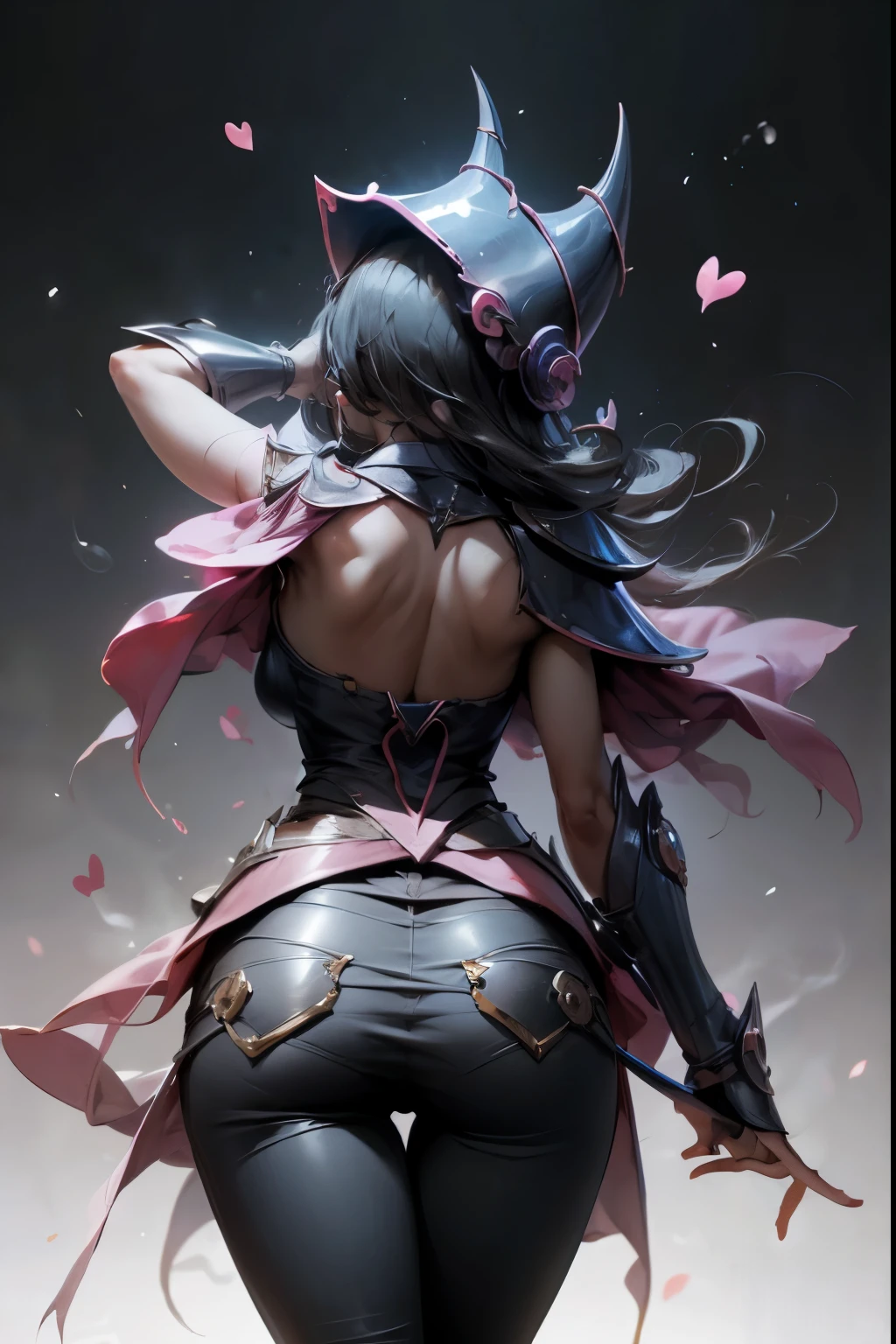 dark magician gils, with high-heels. Pants,  sexy, Subjective and sensual pose, standing showing her butt. magic background. Magical heart in the air. magic circle 