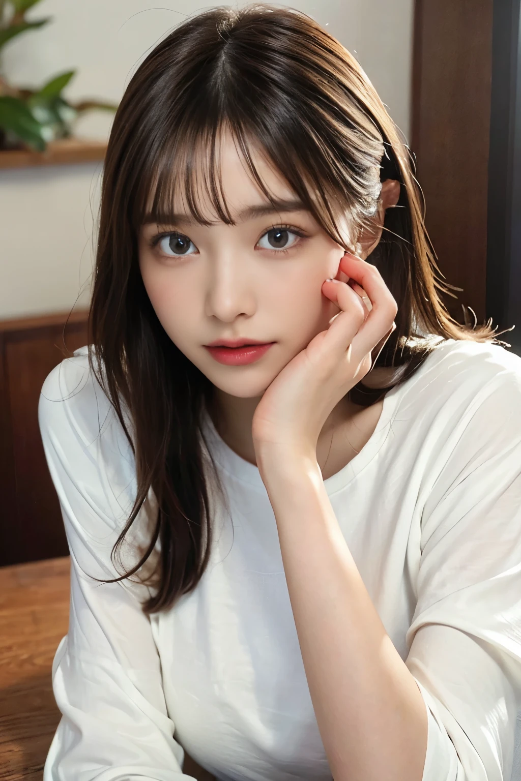 random pose,huge breasts,(((full body))),(boyfriend's white T-shirt, oversized men’s T-shirts, oversized baggy shirt, Sleeves long enough to cover her hands:1.5),1girl, solo, full body shot, masterpiece, best quality, (photorealistic:1.4), a photo of a beautiful woman, in the room, smiling, perfect face, detailed face,(1 beautiful Japanese idol, 20 years old), perfect body, Detailed beautiful delicate face, Detailed beautiful delicate eyes and eye highlights, Very thin and delicate eyelashes that are not too long, (finely detailed beautiful blown big eyes and detailed face), natural makeup, slender face, (lustrous skin, realistic detailed skin), (looking at viewer:1.2),masterpiece, (best quality:1.2), 8k, RAW photo, (Realistic, hyper realistic, photorealistic:1.3), Ultra High Res, intricate details, ultra detailed, High quality texture, distinct image