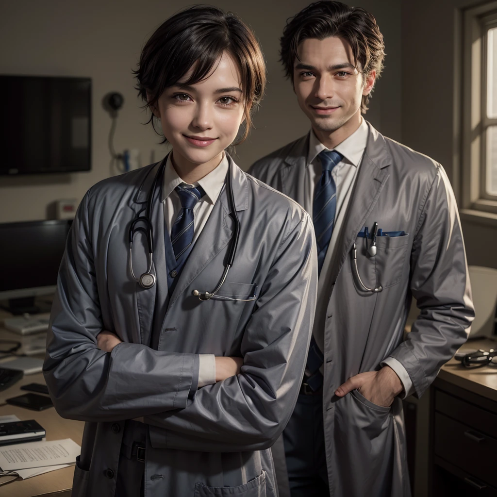 A doctor, blacksad, smiling, Very low hair, labcoat, arms crossed and with stethoscope