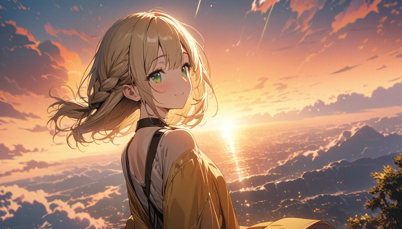 one girl, blonde short hair and bob hair、a braid, I tied my hair in a bun with a hair clip..、smile、beautiful green eyes, gentle smile on her face、flat chest, one Beautiful girl,((masterpiece, illustration, best quality) ((ultra-detailed)),"A mesmerizing sunset scene with a girl mesmerized by the majestic golden rays of sunlight and clouds, creating an awe-inspiring and vivid color palette. Masterpiece.", 濃い青とBeautiful Blueのグラデーション, High resolution, 8K HD detail, hyper-detail, cinematic, surrealism, soft light, deep field focus bokeh, ray tracing and surrealism. --v6