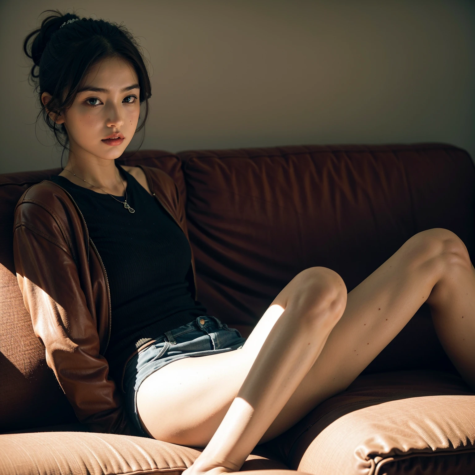 One girl,sitting on a comfortable sofa,Spread your legs,Soft Light