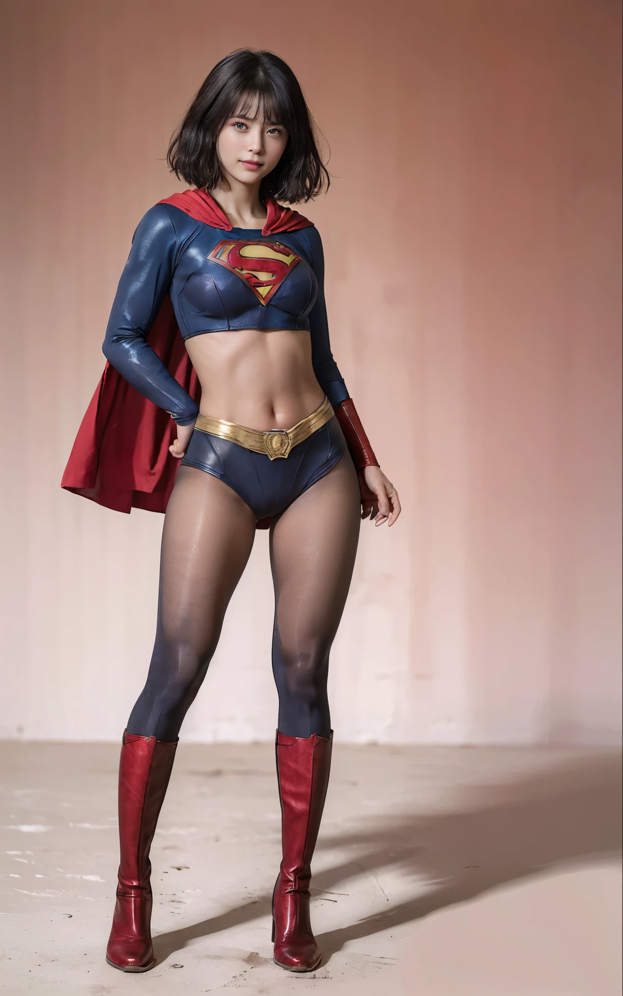 No background、She always has her mouth open、She always has a sad look on her face、Always close your eyes、(((Beautiful legs in black tights.)))、(((Stretch your legs、expensive、Showing a beautiful smile)))、((((Make the most of your original images)))、(((Supergirl Costume)))、(((Beautiful Short Hair)))、(((Suffering face)))、(((Black tights legs、Wear red boots)))、((Best image quality、8k))、((Highest quality、8k、masterpiece:1.3))、(((Preserve background )))、Sharp focus:1.2、Beautiful woman with perfect figure:1.4、Slim Abs:1.2、Wet body:1.5、Highly detailed face and skin texture、8k