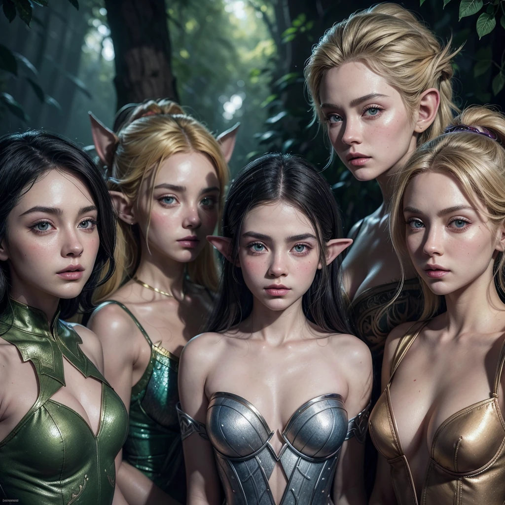 (((work of art))), best qualityer, hyper-detailed portrait in gouache painting style of a group of beautiful elves, softshadows, hyper-realistic textures, 8k, best qualityer, realistic cartoon features, stylised illustration, softshadows, anatomical correct, Chromatic aberration, neon highlights, global warm lights, dynamic poses, expressive facial expressions mc melody