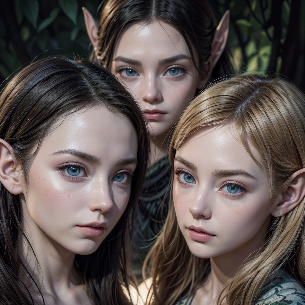 (((work of art))), best qualityer, hyper-detailed portrait in gouache painting style of a group of beautiful elves, softshadows, hyper-realistic textures, 8k, best qualityer, realistic cartoon features, stylised illustration, softshadows, anatomical correct, Chromatic aberration, neon highlights, global warm lights, dynamic poses, expressive facial expressions mc melody