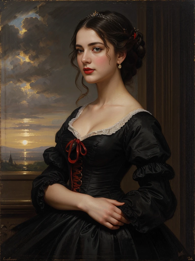 A picture of a woman wearing a black dress and red lipstick, Works inspired by Friedrich von Amerling, Inspired by Thomas Lawrence, Inspired by Franz Xaver Winterhalter, Nick Alm, oil painting style, realistic woman oil painting, elegant portrait, beautiful portrait of a woman, Inspired by Casey Baugh, elegant digital paintings, Inspired by Howard Chandler Christie, cool beauty, perfect tall model body, best quality, perfect angle, perfect composition, best shot, official art, cinematic light, supreme work of art