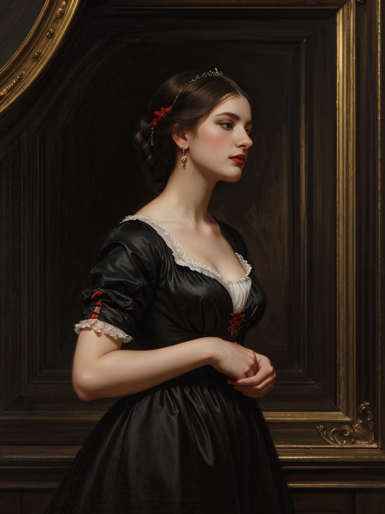 A picture of a woman wearing a black dress and red lipstick, Works inspired by Friedrich von Amerling, Inspired by Thomas Lawrence, Inspired by Franz Xaver Winterhalter, Nick Alm, oil painting style, realistic woman oil painting, elegant portrait, beautiful portrait of a woman, Inspired by Casey Baugh, elegant digital paintings, Inspired by Howard Chandler Christie, cool beauty, perfect tall model body, best quality, perfect angle, perfect composition, best shot, official art, cinematic light, supreme work of art