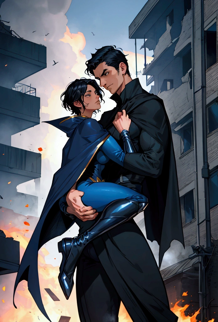 male superhero with short black hair, dark blue costume and cape, flying and carrying a beautiful woman in his arms away from a burning building