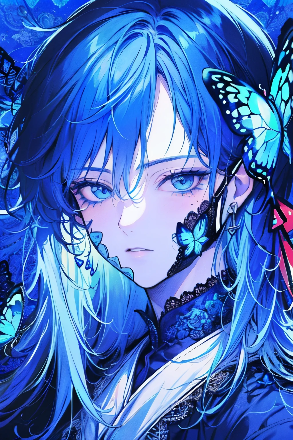 Beautiful young man, blue-haired, (Blue eyes)),(long hair:1.2), (Face mask:1.2),((lace:1.2)),clear wear,(blue butterfly background:1.2),High quality, amount of drawing, pixiv illustration,red-cheek,close-up Face.
