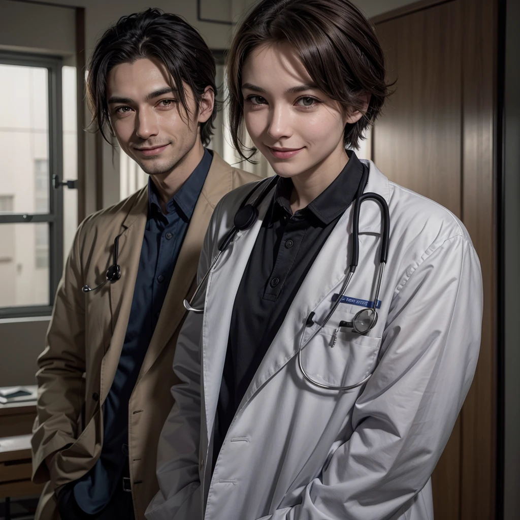 A doctor, blacksad, smiling, Very low hair, labcoat, hands inside pocket, with stethoscope